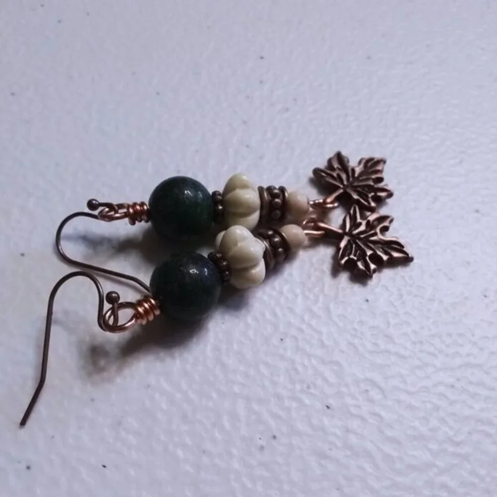 Copper Maple Leaf + Stone Beads Dangle Earrings | Fall Countrycore Cabincore - Picture 5 of 12